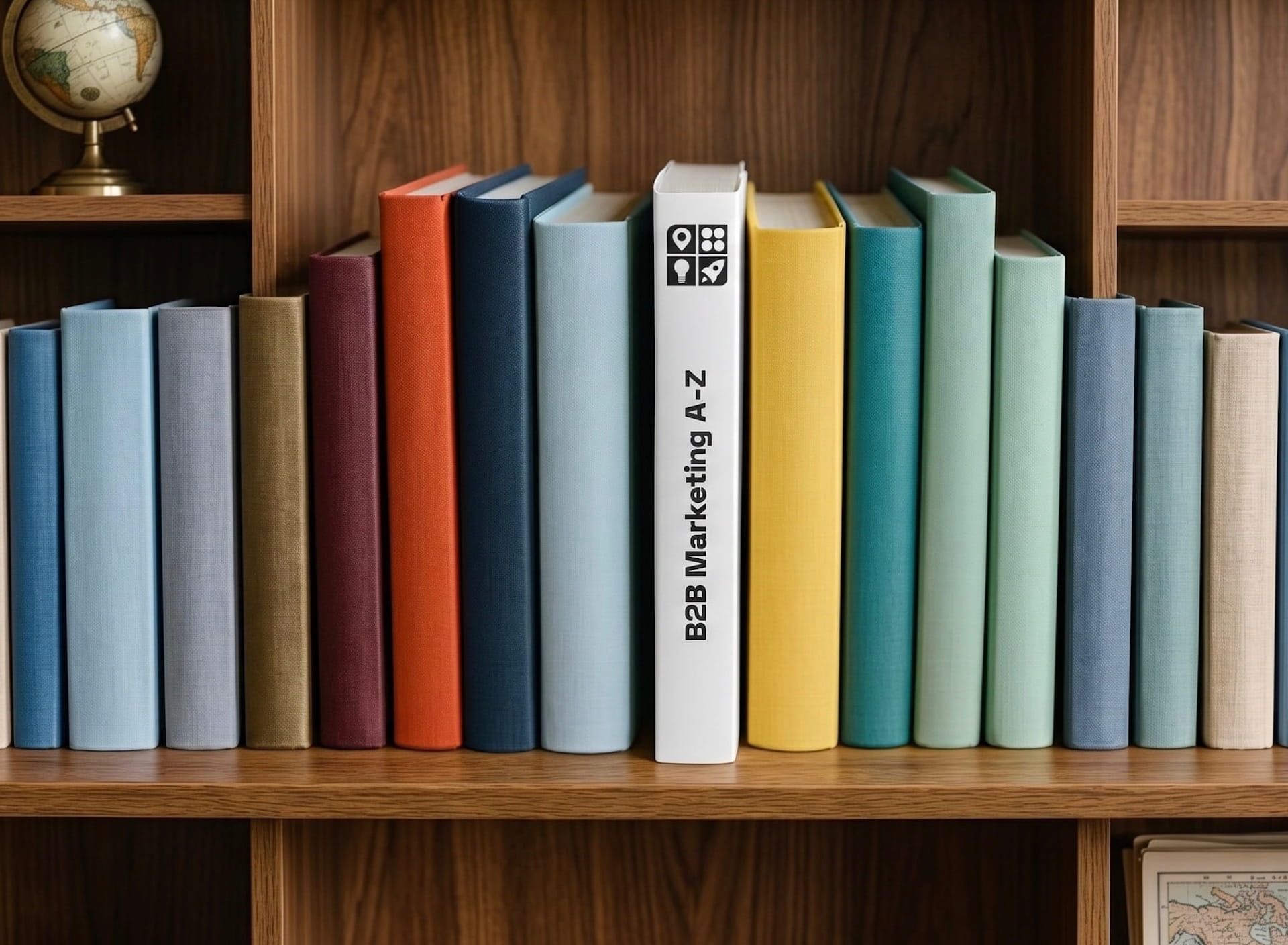 Bookshelf filled with many colorful books, one white book titled "B2B Marketing A-Z" stands out in the middle