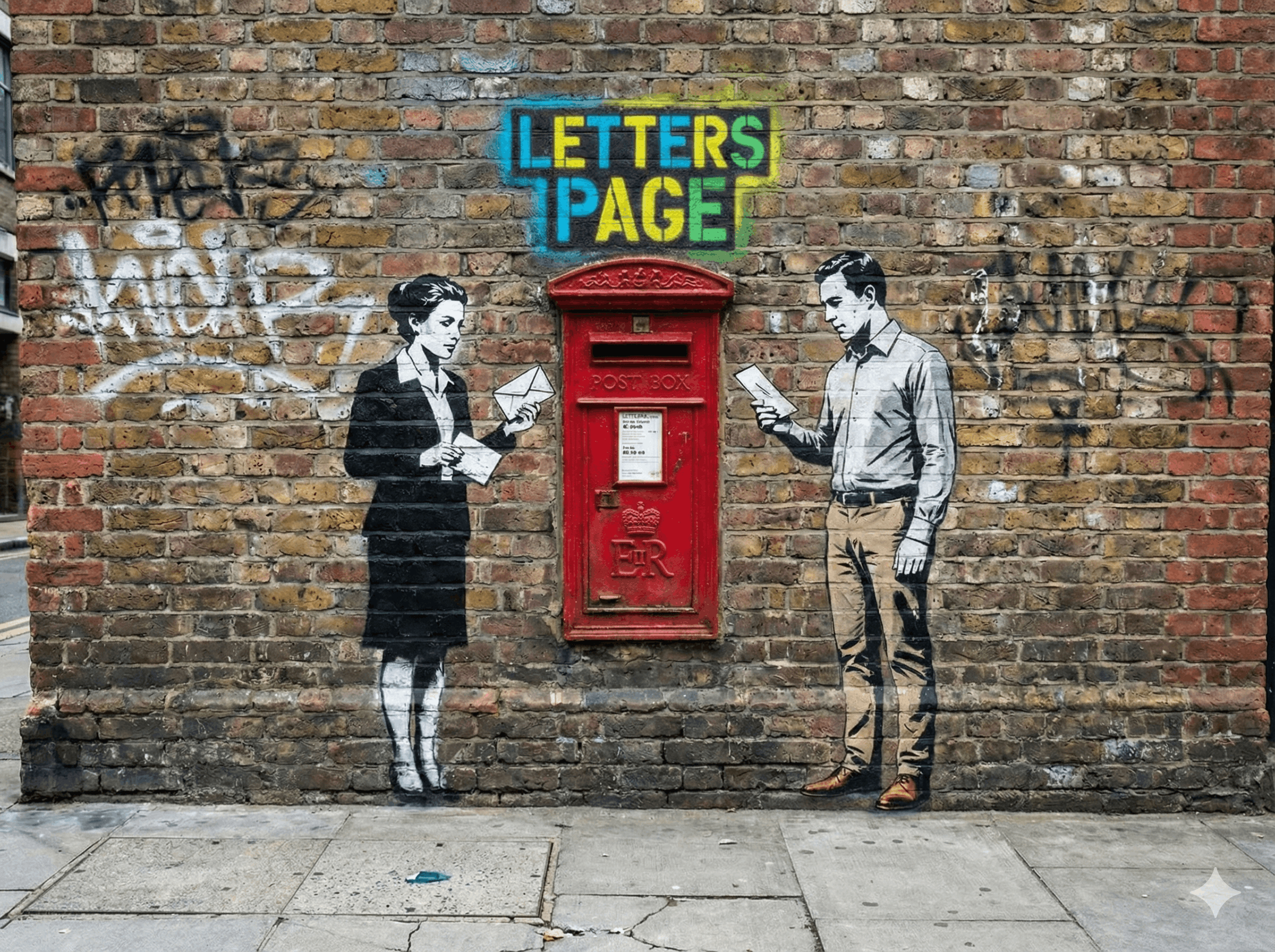 Graffiti art of a woman holding an envelope, a red post box, and a man reading a letter on a brick wall.