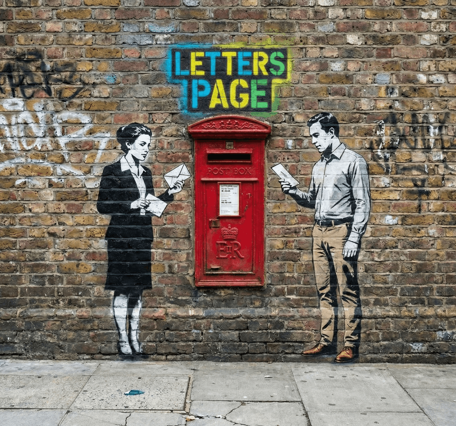 Graffiti art of a woman holding an envelope, a red post box, and a man reading a letter on a brick wall.