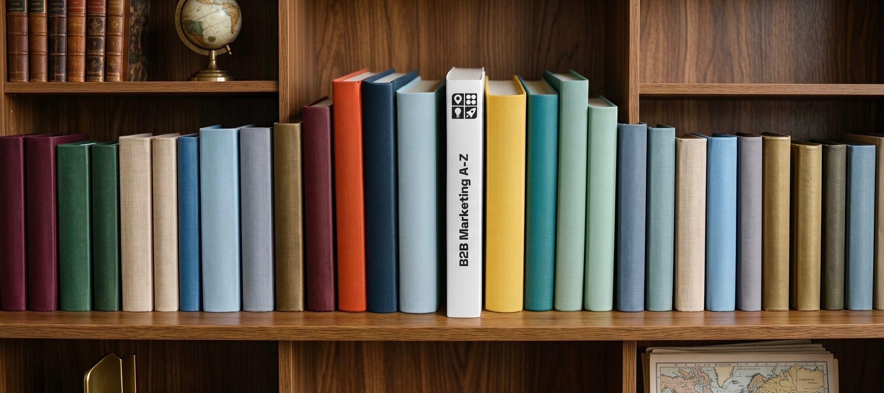 A bookshelf with many colorful books, one white titled "B2B Marketing A-Z" stands out in the center.