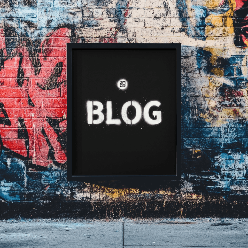 Black frame with "BLOG" stenciled in white on a black background, mounted on a graffiti-covered brick wall.