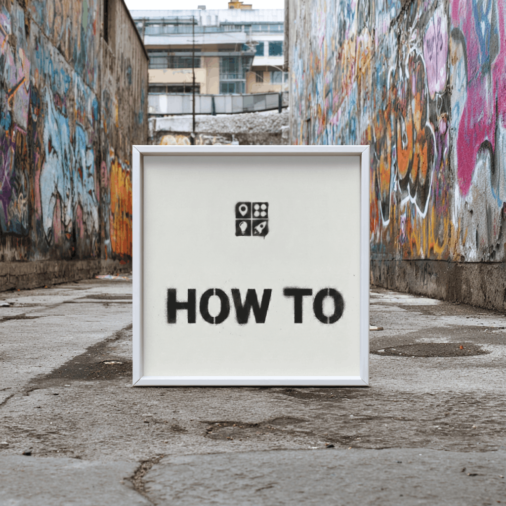 A framed sign with "HOW TO" and icons sitting in a graffiti-covered alley.