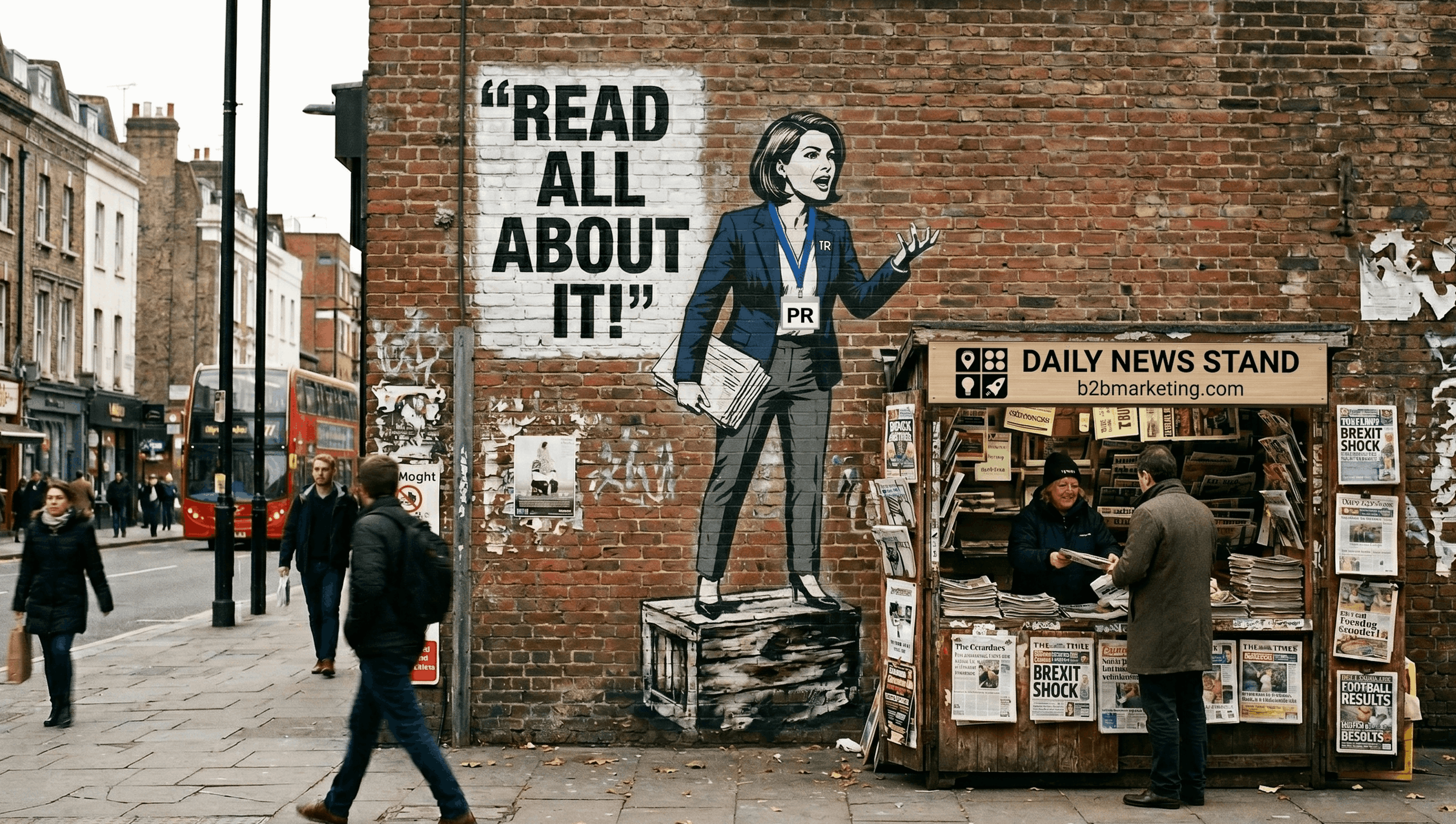A busy street scene with a newsstand, people, and a brick wall with a "Read All About It!" mural.
