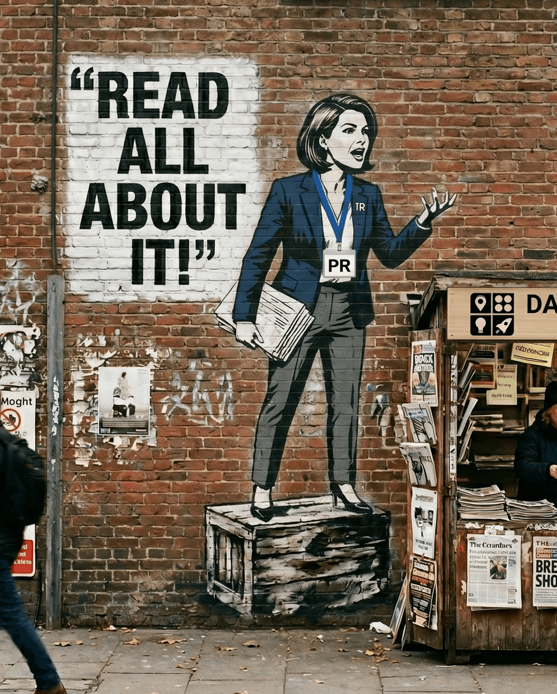 A busy street scene with a newsstand, people, and a brick wall with a "Read All About It!" mural.