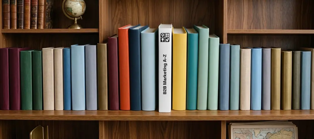 A shelf of colorful "B2B Marketing A-Z" books on a light wooden bookshelf with old books and a globe above.